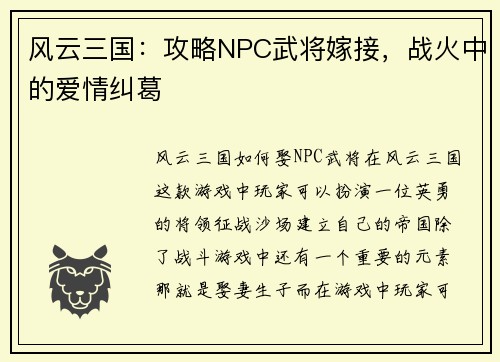 风云三国：攻略NPC武将嫁接，战火中的爱情纠葛