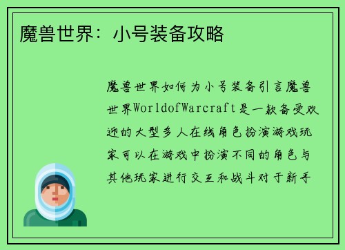 魔兽世界：小号装备攻略
